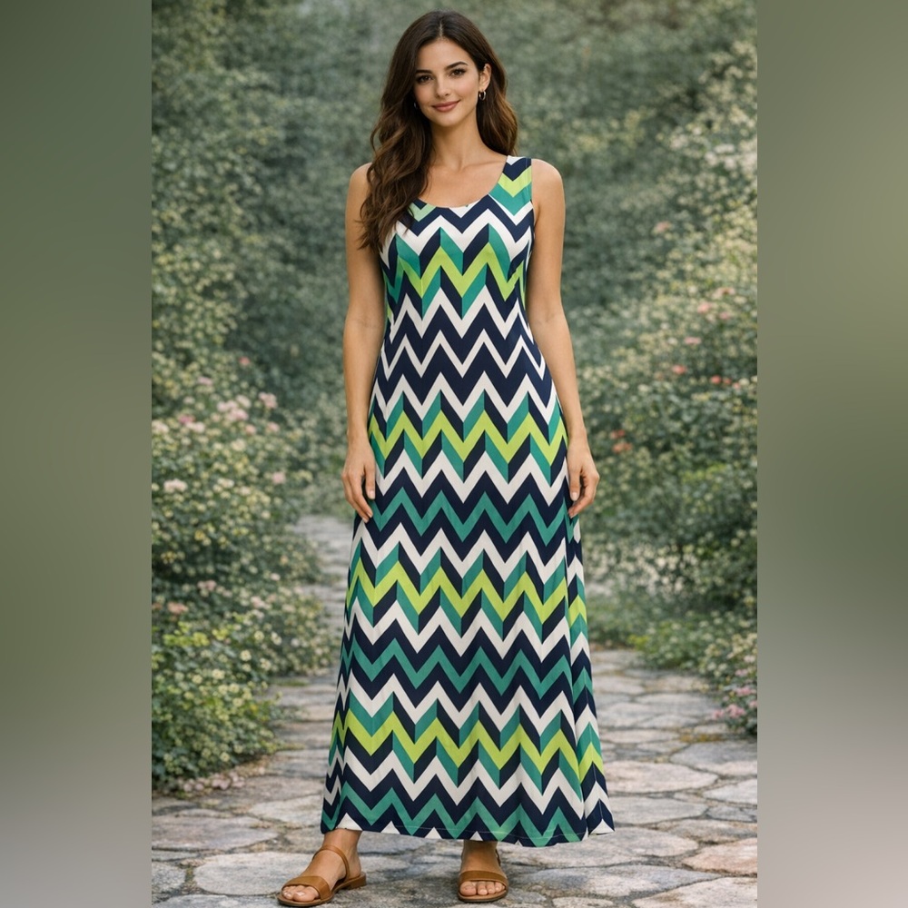 Jessica Howard Bold Chevron Sleeveless Maxi Dress in Navy, Green & White NWT Med